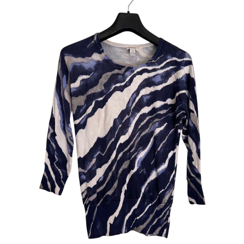 Chicos Womens Tunic Sweater Blue Stripe Long Sleeve Scoop Neck Pullover SMALL